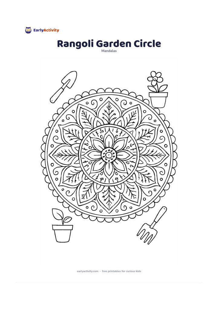 Colouring page: Create a circular mandala inspired by a non-religious floral rangoli, with a central flower and repeated petals, leaves, dots and looping borders. Place small gardening tools and flower…