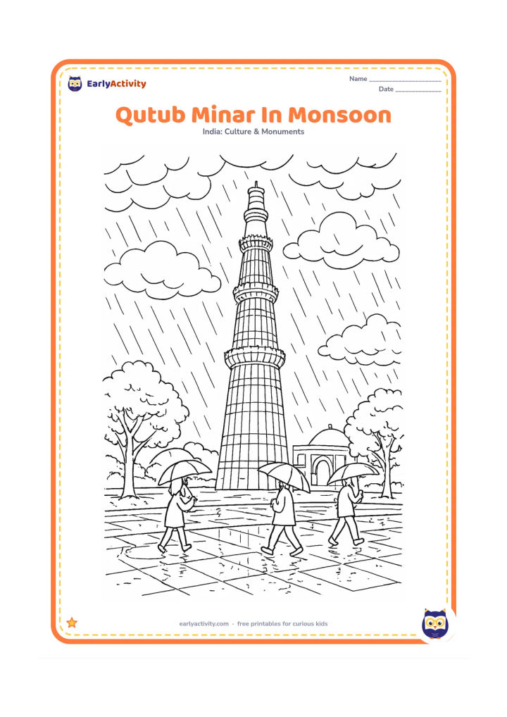Colouring page: Show Qutub Minar during a monsoon shower with layered rain clouds, wet courtyard paving, puddle reflections, leafy trees, and visitors carrying umbrellas. Keep the architectural details…