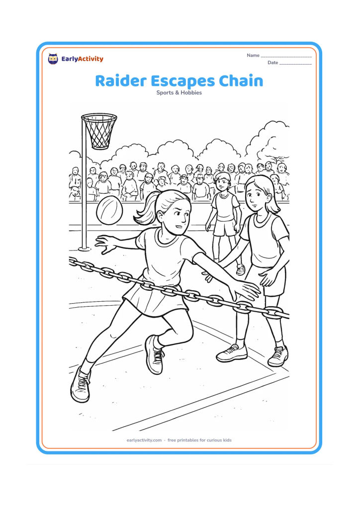 Colouring page: A determined raider twists sideways and slips past a linked defensive chain, with one hand extended toward a defender and teammates waiting across the center line. Show detailed court…