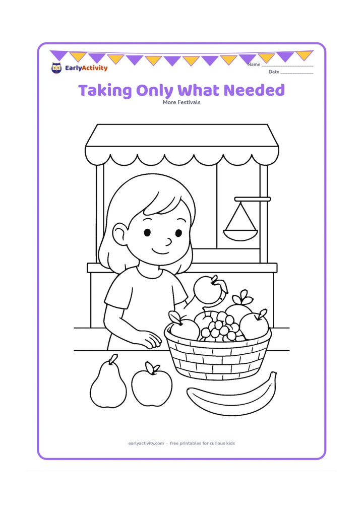 Colouring page: Draw a child choosing one fruit from a market basket while leaving the remaining fruit neatly arranged, with a simple Indian market stall and weighing bowl in the background.