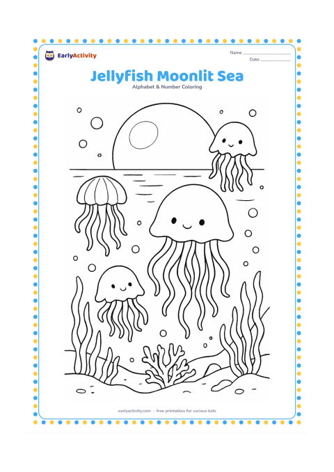Colouring page: Draw several graceful jellyfish drifting through a moonlit ocean scene, with a large moon reflected on the water, seaweed, coral, bubbles, and a distant seabed.