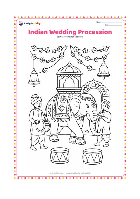 Colouring page: Draw a decorated elephant walking in an Indian celebration procession, carrying a small howdah, with two musicians walking beside it and flower garlands overhead. Add a decorated arch,…