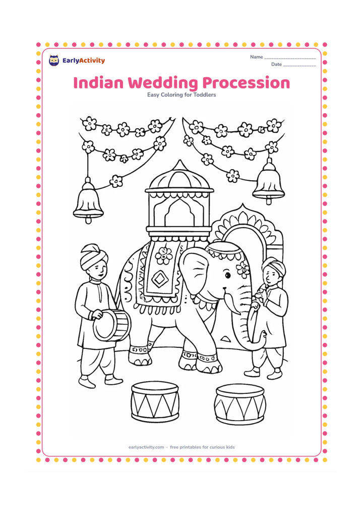 Colouring page: Draw a decorated elephant walking in an Indian celebration procession, carrying a small howdah, with two musicians walking beside it and flower garlands overhead. Add a decorated arch,…