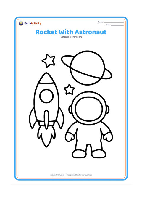 Colouring page: Draw a simple rocket beside one friendly astronaut wearing a round helmet, with a large planet and two stars behind them.