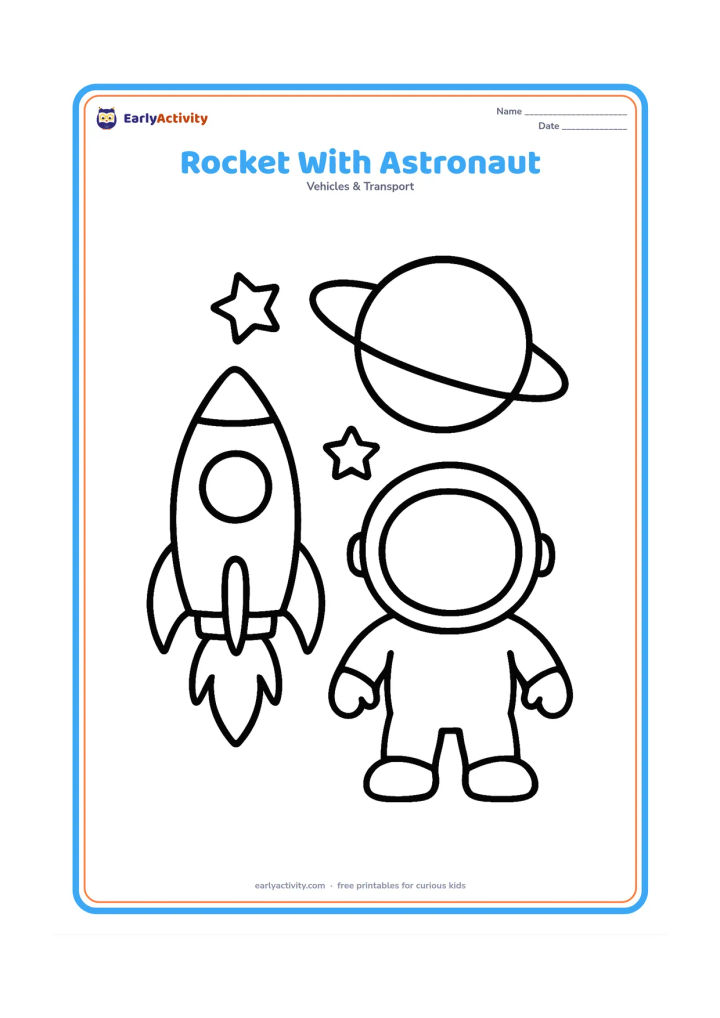 Colouring page: Draw a simple rocket beside one friendly astronaut wearing a round helmet, with a large planet and two stars behind them.