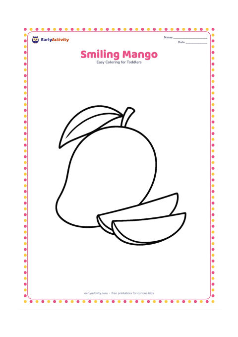 Colouring page: Draw one large mango with a curved leaf and short stem, resting beside two simple mango slices on a plain surface.