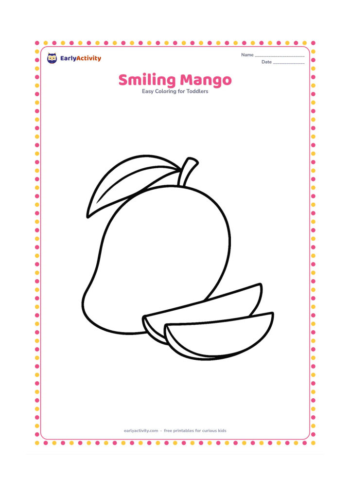 Colouring page: Draw one large mango with a curved leaf and short stem, resting beside two simple mango slices on a plain surface.