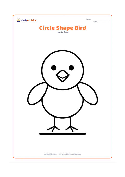 Worksheet: A front-facing bird assembled from a large oval body, a round head, two oval wings, a triangle beak and two straight legs. Add only two round eyes and a small ground line beneath it.