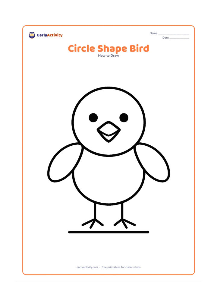 Worksheet: A front-facing bird assembled from a large oval body, a round head, two oval wings, a triangle beak and two straight legs. Add only two round eyes and a small ground line beneath it.