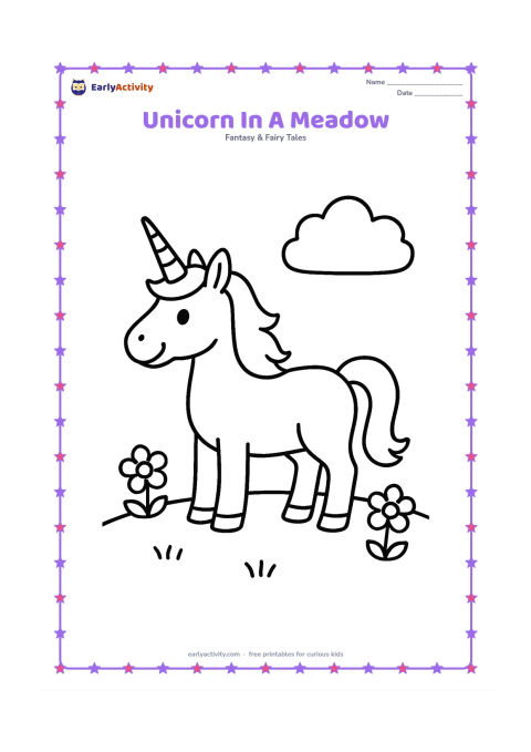 Colouring page: Draw one standing unicorn facing left in a wide grassy meadow, with a large horn, simple mane and tail, two flowers, and one round cloud. Keep the unicorn large and centered with plenty…