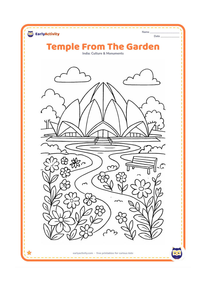 Colouring page: Place the Lotus Temple behind a foreground garden of flowering plants, curved paths, and two benches. Include its entrance openings, layered petals, pools, and a few distant trees.