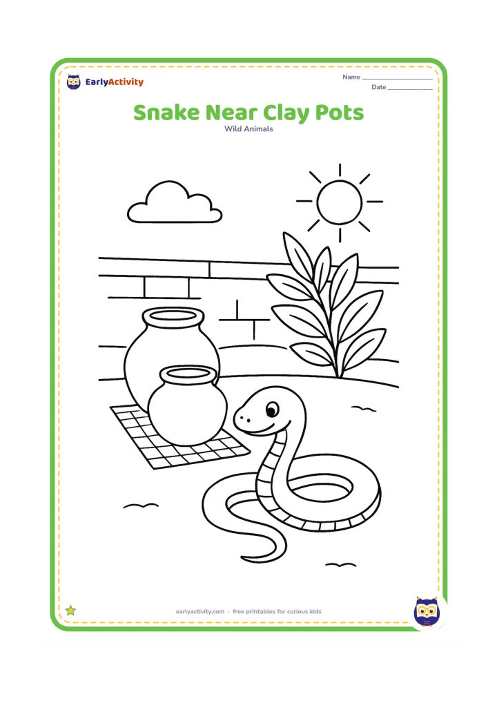 Colouring page: Draw a snake resting beside two rounded clay pots in a sunny outdoor courtyard, with a low wall, a leafy plant, and a woven mat in the background. The snake should be safely away from…