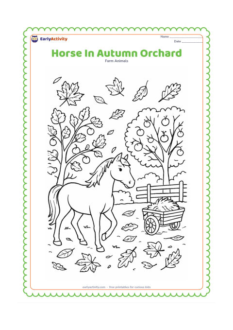 Colouring page: A horse walks through an orchard in autumn, with fallen leaves, fruit trees, a wooden fence and a small hay cart. Show a few leaves drifting through the air.