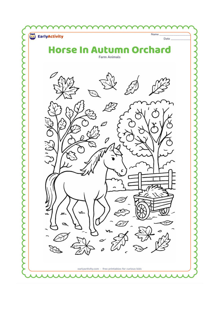 Colouring page: A horse walks through an orchard in autumn, with fallen leaves, fruit trees, a wooden fence and a small hay cart. Show a few leaves drifting through the air.