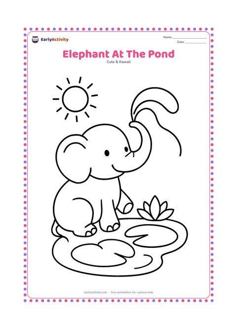 Colouring page: A friendly elephant kneels beside a small pond and sprays one curved stream of water from its trunk. Add two large lily pads, a lotus flower and a simple sun.