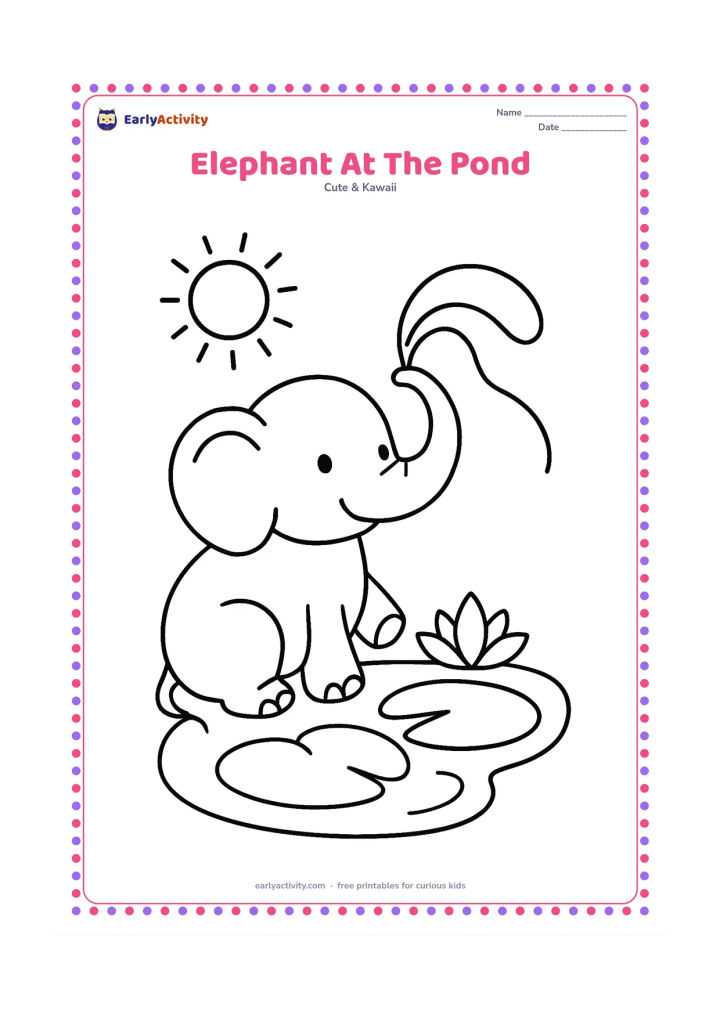 Colouring page: A friendly elephant kneels beside a small pond and sprays one curved stream of water from its trunk. Add two large lily pads, a lotus flower and a simple sun.