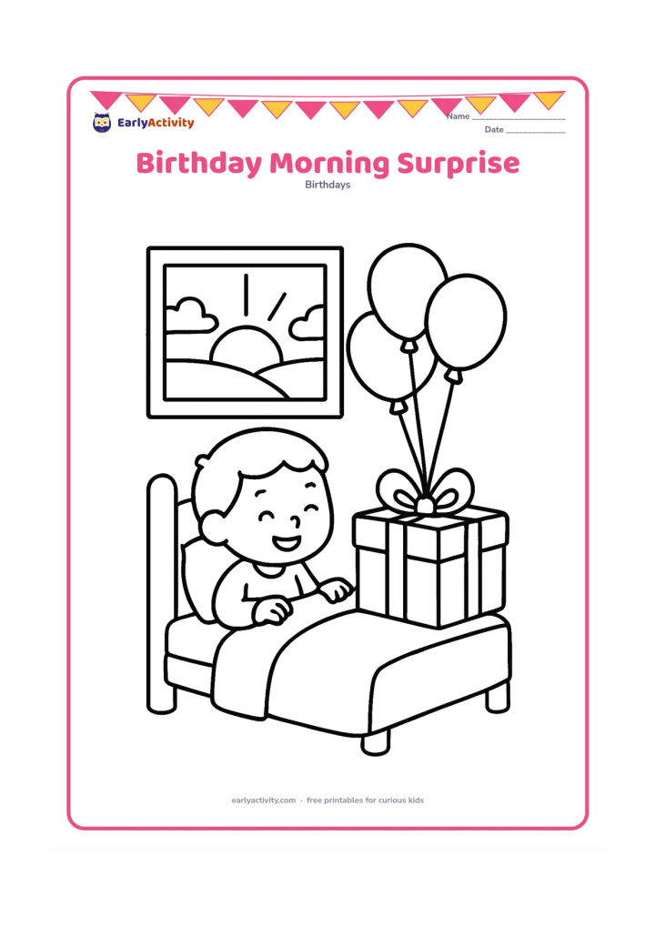 Colouring page: A child in bed sits up happily beside a large wrapped present and a bunch of balloons. Add a window with a simple rising sun and a few soft cloud shapes.