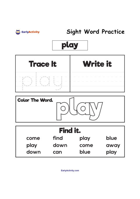Worksheet with the sight word “play” for tracing, writing, colouring and finding among other simple words.