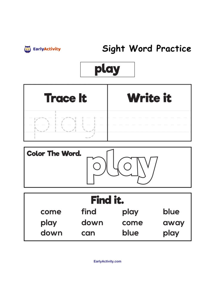 Worksheet with the sight word “play” for tracing, writing, colouring and finding among other simple words.