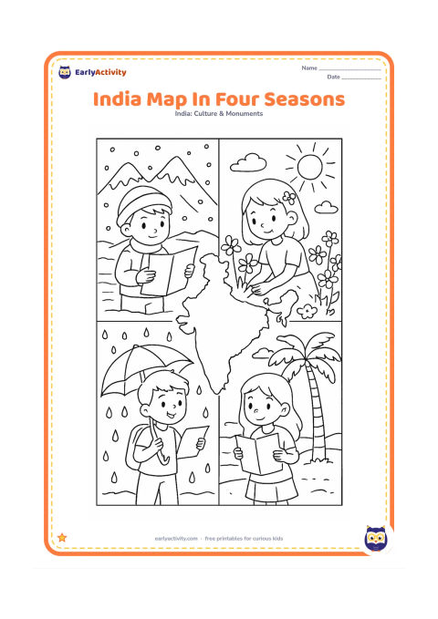 Colouring page: Divide the page into four large panels around a central India outline: snowy northern mountains, spring flowers, a rainy monsoon scene, and sunny coastal palms. Include one child in each…