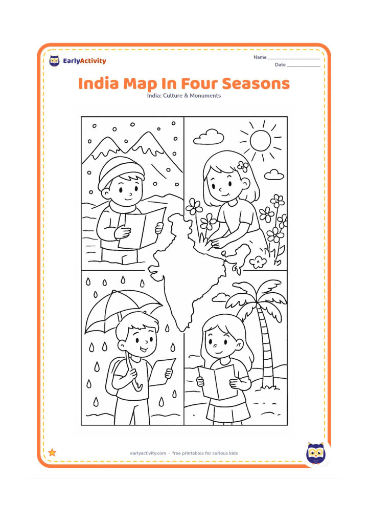 Colouring page: Divide the page into four large panels around a central India outline: snowy northern mountains, spring flowers, a rainy monsoon scene, and sunny coastal palms. Include one child in each…