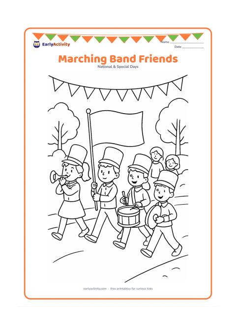 Colouring page: Draw four children in a school marching band moving along a road, including a flag bearer, a drummer, a child with cymbals and a child with a small horn. Add spectators, bunting without…