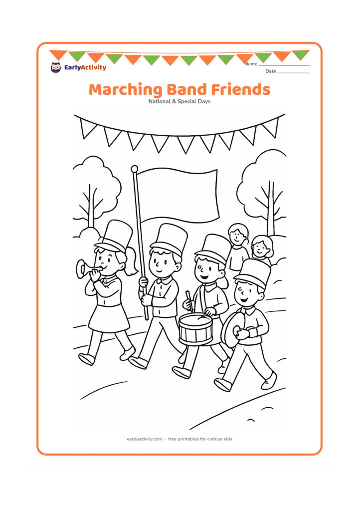 Colouring page: Draw four children in a school marching band moving along a road, including a flag bearer, a drummer, a child with cymbals and a child with a small horn. Add spectators, bunting without…