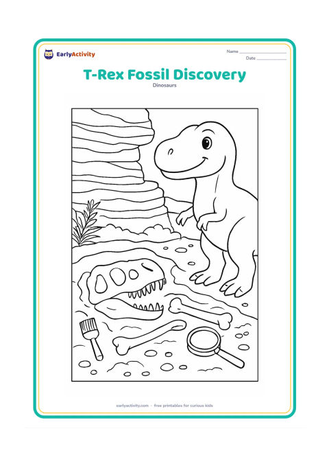 Colouring page: Draw a friendly T-Rex standing beside a rocky fossil bed where a large fossil skull and several bones are partly exposed. Include layered rock faces, a field brush, a magnifying glass,…
