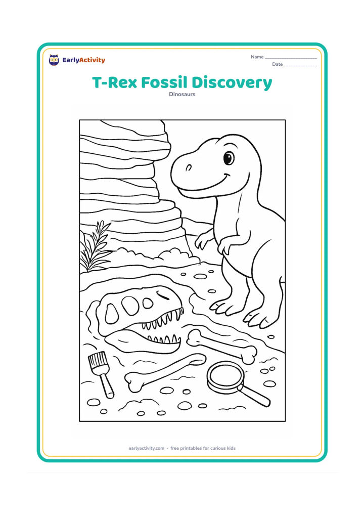 Colouring page: Draw a friendly T-Rex standing beside a rocky fossil bed where a large fossil skull and several bones are partly exposed. Include layered rock faces, a field brush, a magnifying glass,…