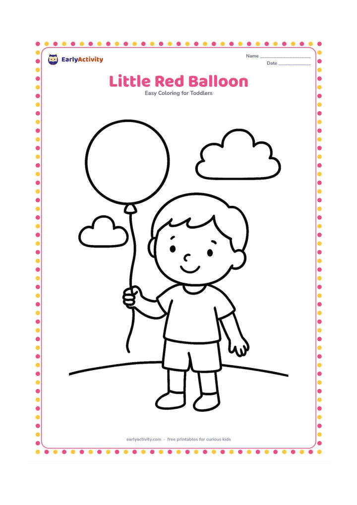 Colouring page: Draw a smiling young child standing and holding one large round balloon by its string, with two big puffy clouds and a simple open sky behind. Show the child in a relaxed pose with a few…