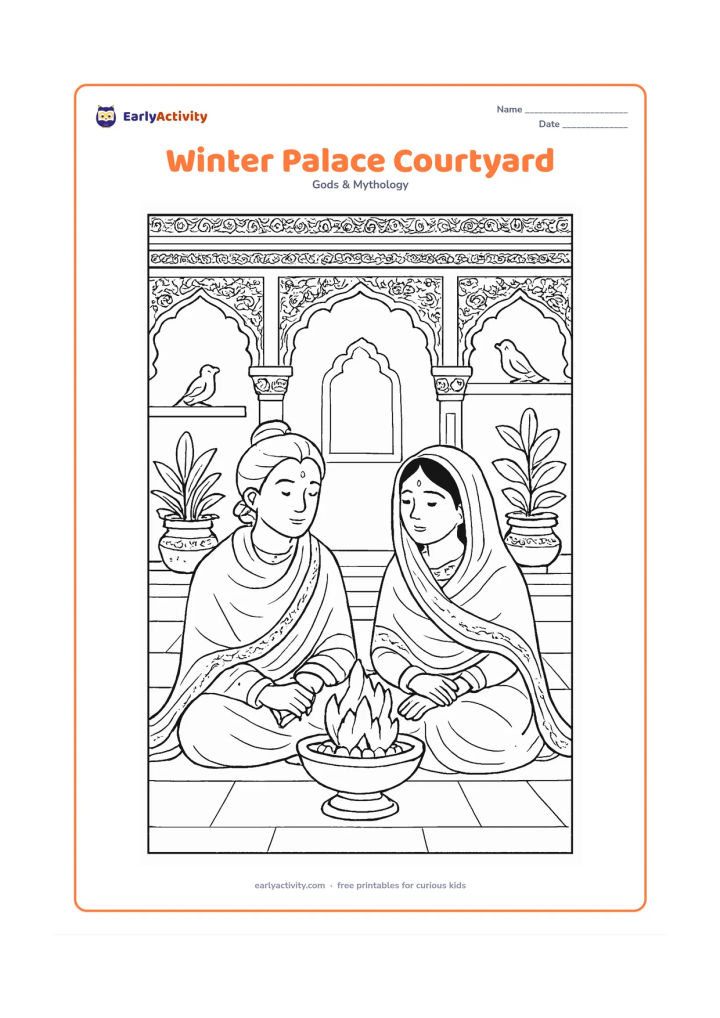 Colouring page: Ram and Sita sit together in a palace courtyard on a cool morning, wrapped in simple shawls beside a brazier, potted plants, carved arches, and birds on a wall.