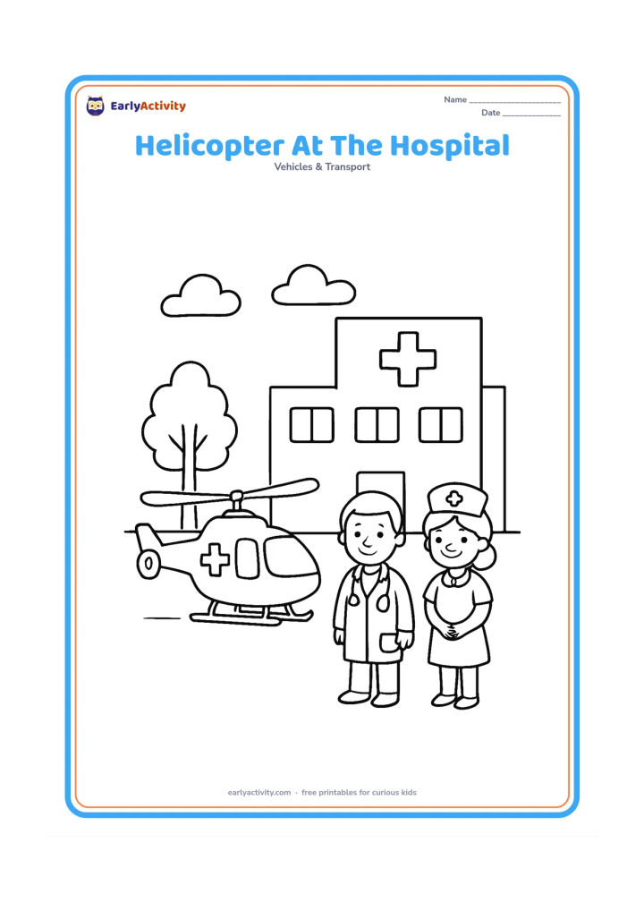 Colouring page: Draw a medical helicopter landing beside a plain hospital building with a doctor and nurse waiting nearby. Include a few trees, clouds and a clear landing area, but no signs or written…