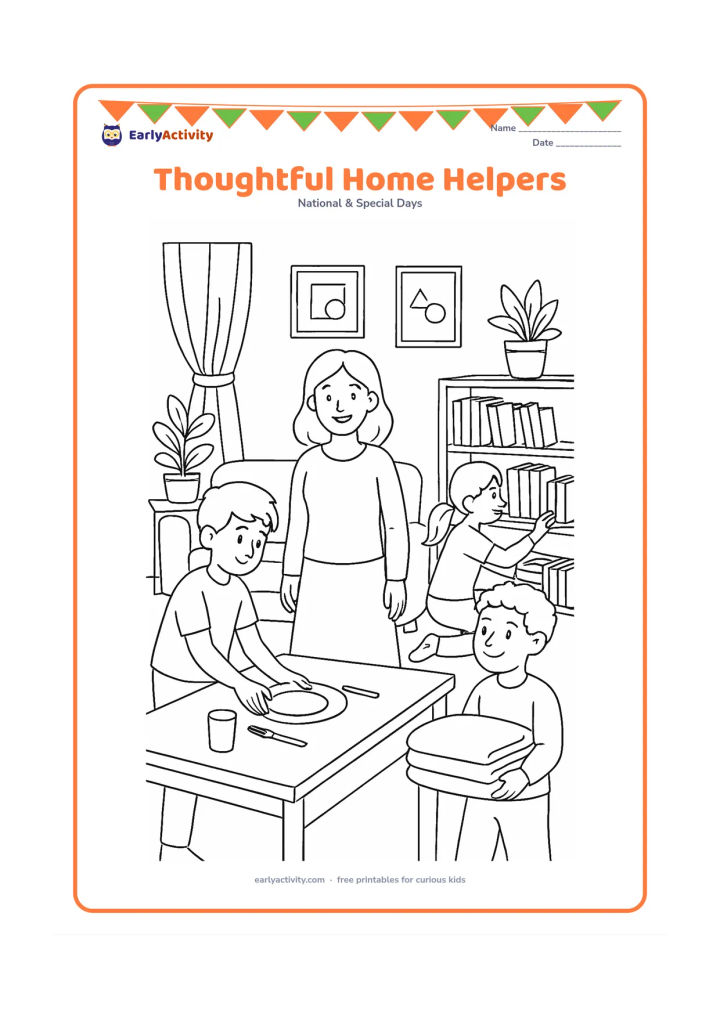 Colouring page: Three children quietly help their mother at home: one sets a table, one arranges books and one carries a folded blanket, while the mother smiles from the centre. Include a detailed…