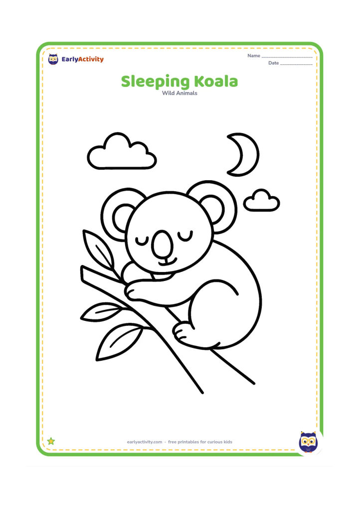 Colouring page: Draw a sleepy koala curled around a thick tree branch with closed eyes. Add a simple crescent moon, two clouds and a few large eucalyptus leaves.