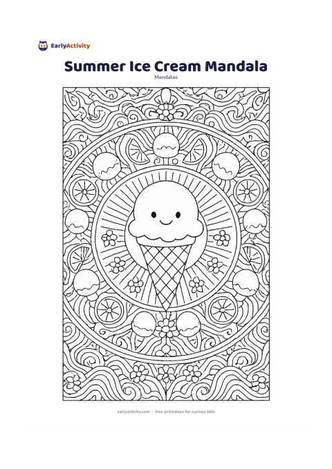 Colouring page: Feature a cheerful ice cream cone at the centre of a circular mandala, surrounded by repeating scoops, fruit slices, sun rays, small flowers, and wavy summer borders. Use balanced rings…