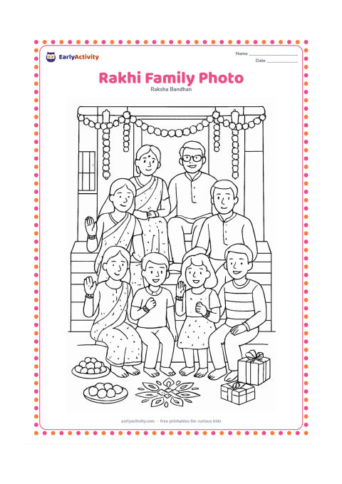 Colouring page: A large family poses happily for a festival picture after several siblings have received rakhis. Arrange grandparents, parents, siblings, and cousins on steps in a decorated home…