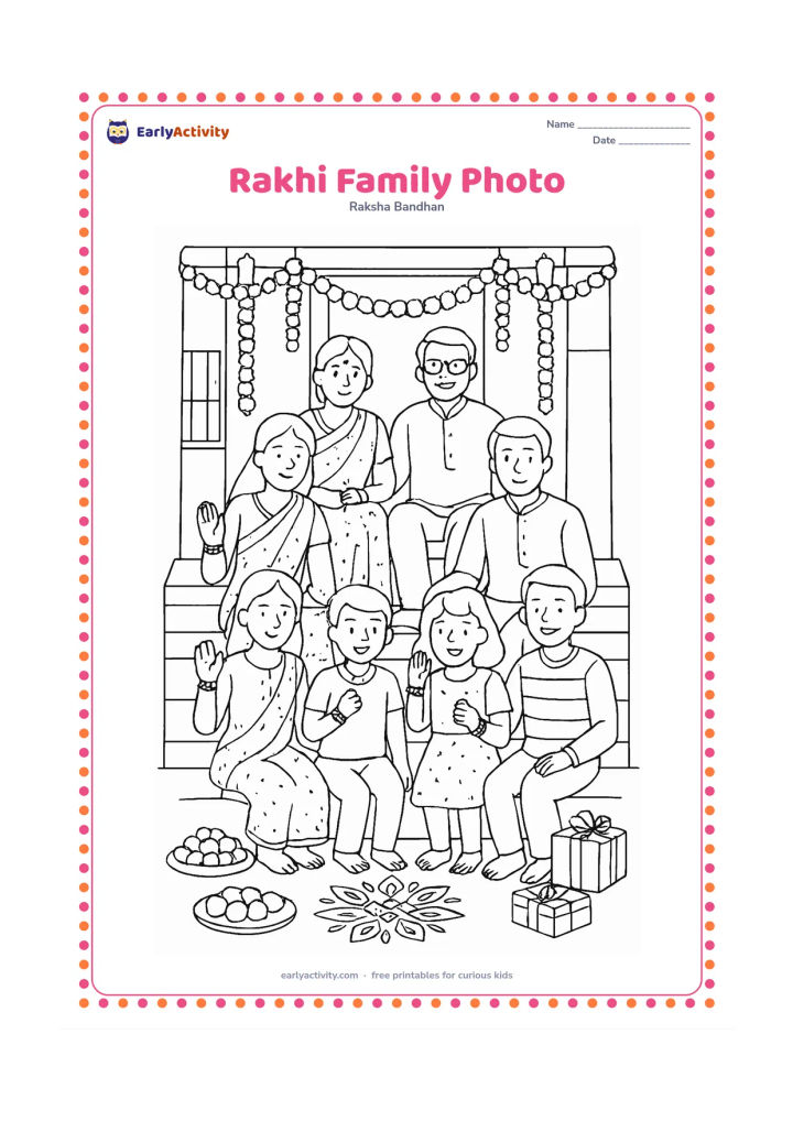 Colouring page: A large family poses happily for a festival picture after several siblings have received rakhis. Arrange grandparents, parents, siblings, and cousins on steps in a decorated home…