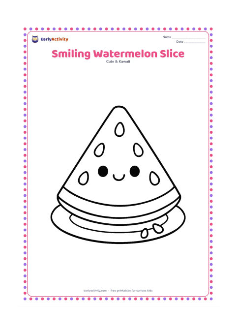 Colouring page: Draw one large triangular watermelon slice with a friendly face, a thick rind, and five large seeds. Place it on a plain plate with a few droplets nearby.