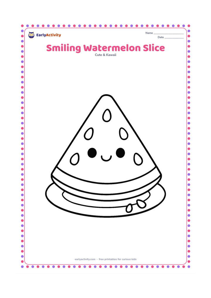 Colouring page: Draw one large triangular watermelon slice with a friendly face, a thick rind, and five large seeds. Place it on a plain plate with a few droplets nearby.