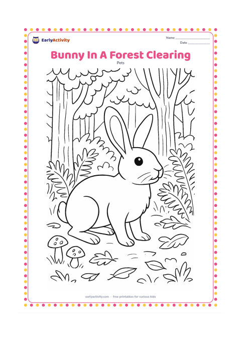 Colouring page: Draw a bunny standing alert in a forest clearing, with tall trees, ferns, mushrooms, fallen leaves, and dappled openings in the canopy. Show the bunny's long ears raised and powerful…