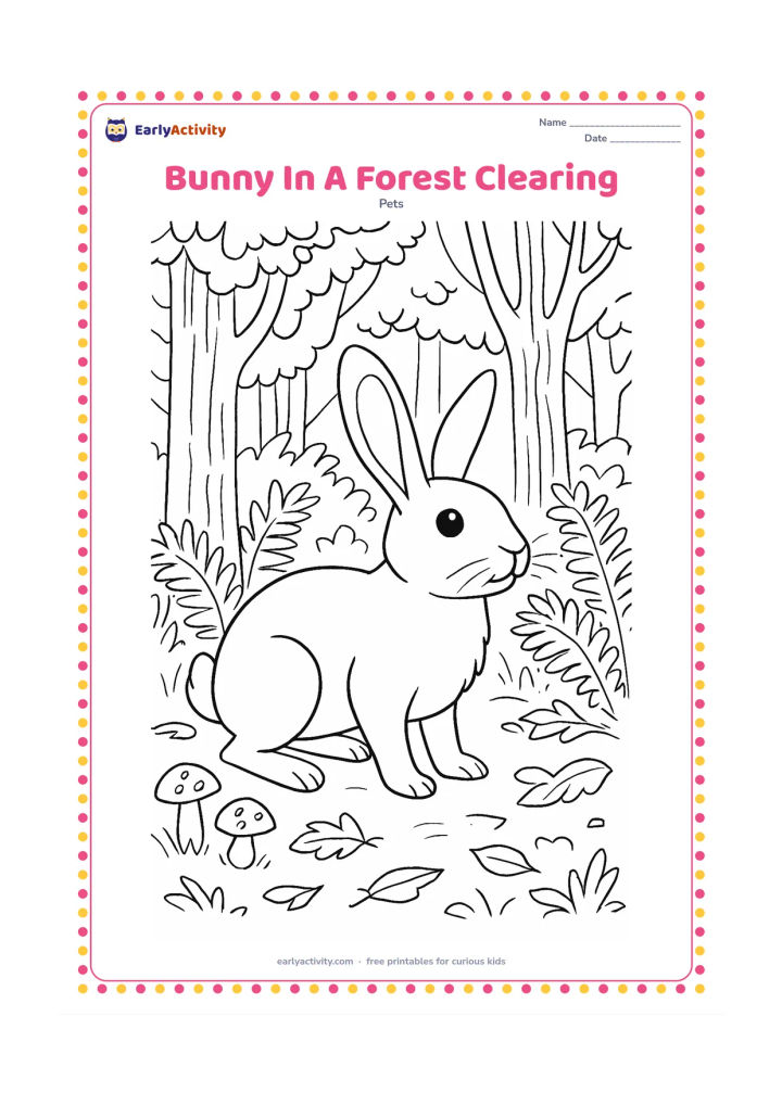 Colouring page: Draw a bunny standing alert in a forest clearing, with tall trees, ferns, mushrooms, fallen leaves, and dappled openings in the canopy. Show the bunny's long ears raised and powerful…