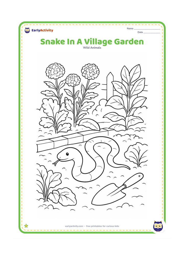 Colouring page: Draw a snake moving through a carefully tended Indian home garden with marigold flowers, a low brick border, leafy vegetables, and a simple hand trowel set aside. Keep the garden…