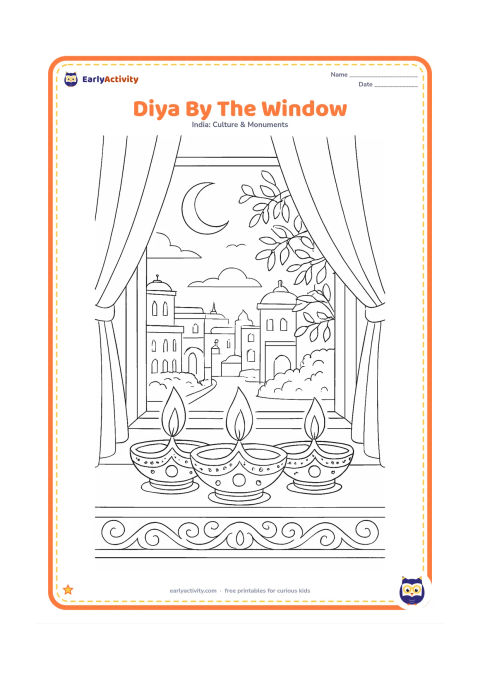 Colouring page: At twilight, three detailed diyas sit on a carved windowsill, with curtains, a moonlit Indian street, rooftops, tree branches and distant lamps outside.