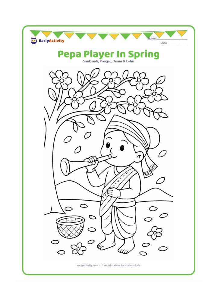 Colouring page: Draw a child playing a pepa beside a flowering tree during Bohag Bihu. Include Assamese clothing, scattered petals, a small woven basket, and distant low hills.