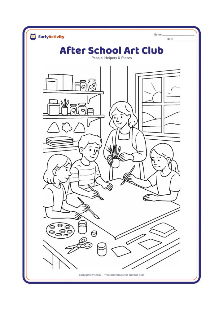 Colouring page: Older children work together at a long table in an after-school art club, painting a large blank mural panel while an adult mentor arranges brushes and recycled craft materials. Include…