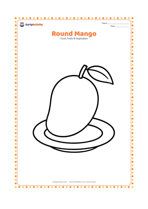 Colouring page: One large mango with a leaf and a short stem, standing upright on a simple plate with plenty of empty space around it.
