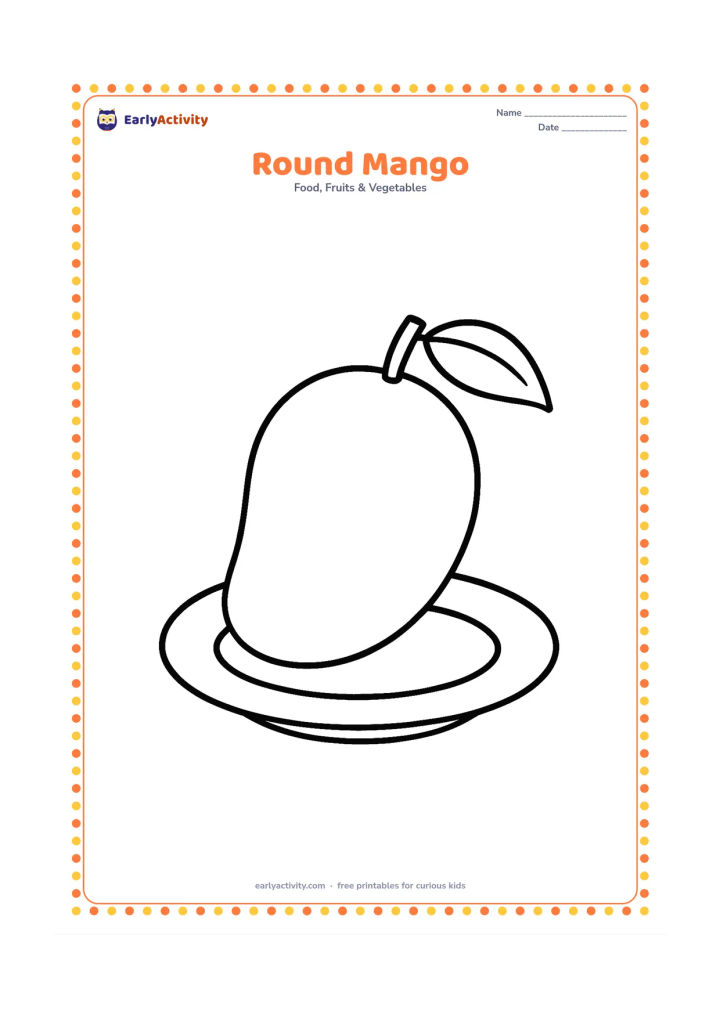 Colouring page: One large mango with a leaf and a short stem, standing upright on a simple plate with plenty of empty space around it.