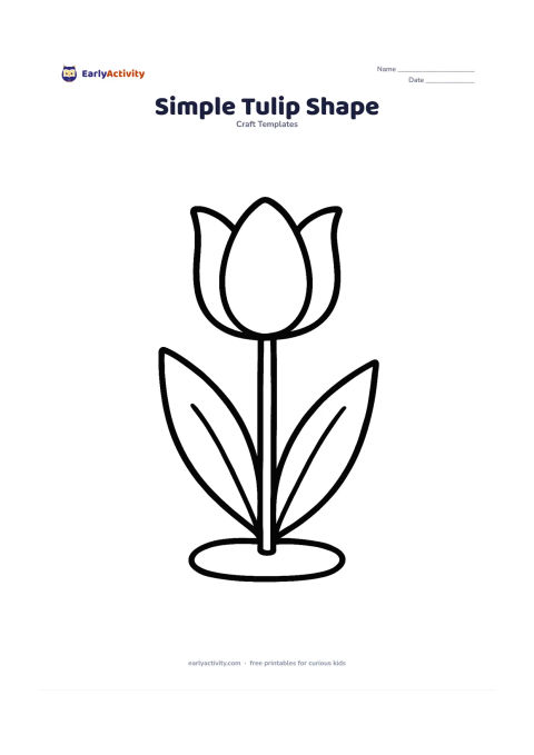 Worksheet: One tulip with a wide curved cup-shaped bloom, three soft top points, a straight stem and two large pointed leaves. Place it upright with a small oval patch of soil at the bottom.