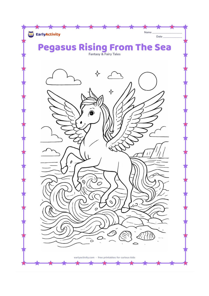 Colouring page: Illustrate a friendly myth-inspired pegasus rising from curling sea waves, wings spread wide and droplets around its hooves. Include a rocky shore, seashells, distant cliffs and a bright…