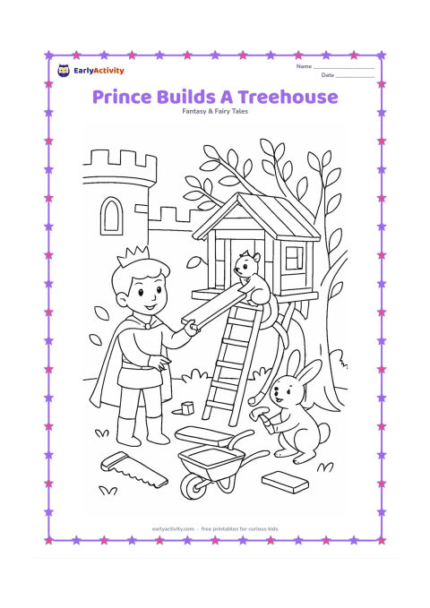 Colouring page: A prince and two animal friends build a small treehouse in the castle grounds, with the prince handing over a wooden plank. Include a ladder, rope, tools, leafy branches, a castle wall,…